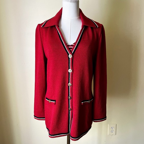 Y2K St. John Collection Red Knit Jacket & Striped Shell Set Small Santana Knit - Picture 1 of 13